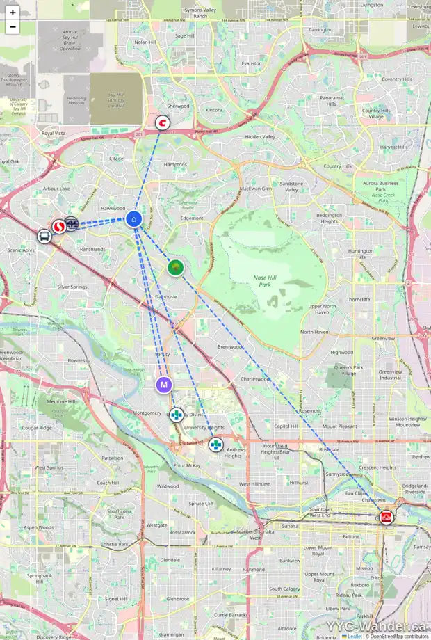 Daily accessibility map for 243 HAWKWOOD BV NW, Calgary showing nearby schools, grocery stores, parks, LRT stations and nearby amenities
