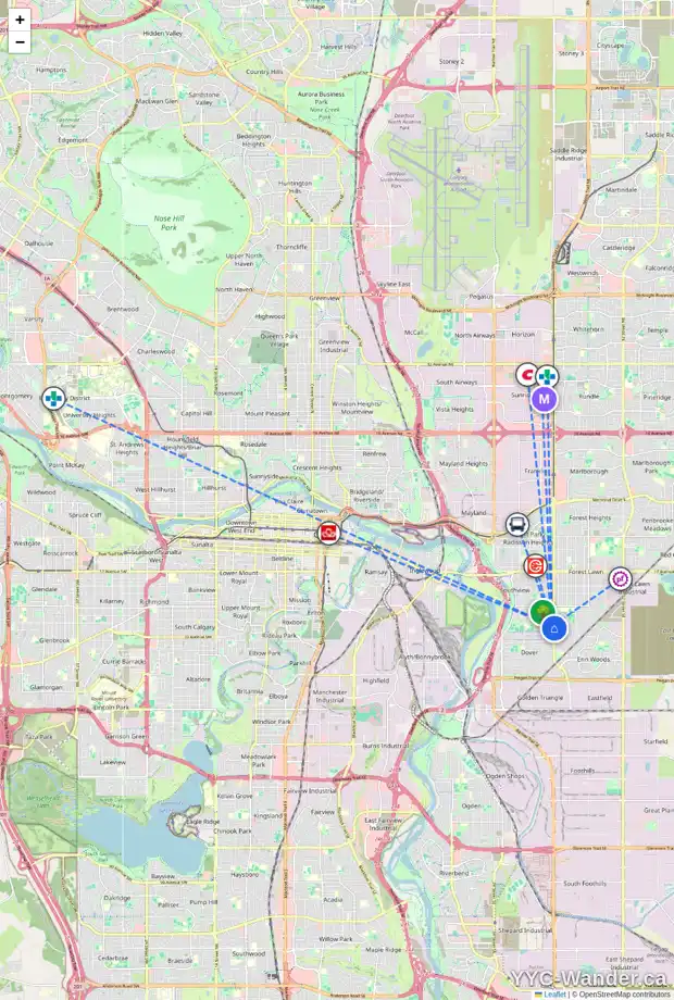 Daily accessibility map for 3470 30A AV SE, Calgary showing nearby schools, grocery stores, parks, LRT stations and nearby amenities