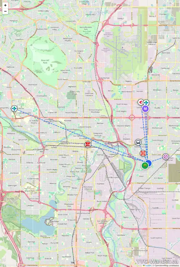 Daily accessibility map for 2507 36 ST SE, Calgary showing nearby schools, grocery stores, parks, LRT stations and nearby amenities