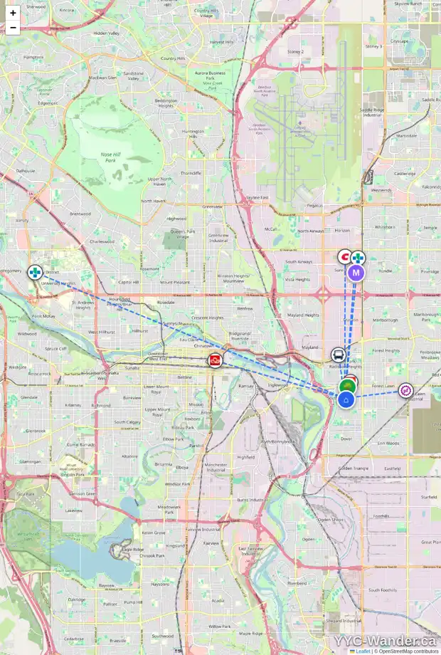 Daily accessibility map for 2045 COTTONWOOD CR SE, Calgary showing nearby schools, grocery stores, parks, LRT stations and nearby amenities