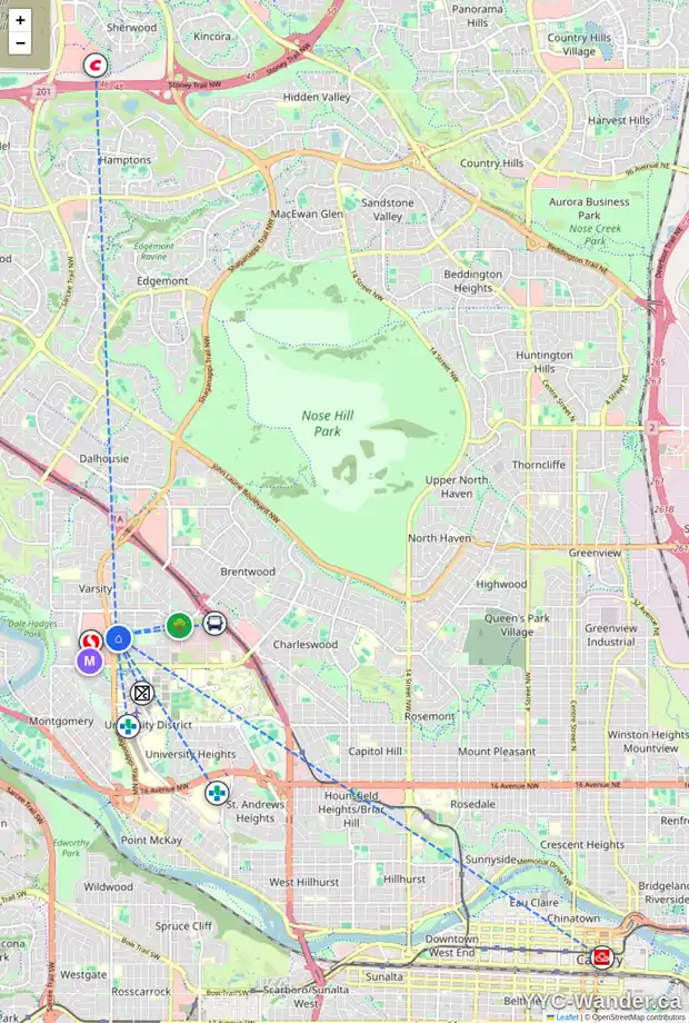 Daily accessibility map for 101 3747 42 ST NW, Calgary showing nearby schools, grocery stores, parks, LRT stations and nearby amenities