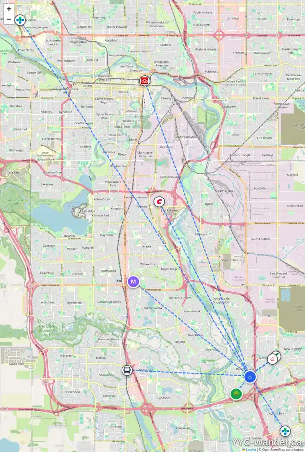 Daily accessibility map for 16163 MCKENZIE LAKE WY SE, Calgary showing nearby schools, grocery stores, parks, LRT stations and nearby amenities