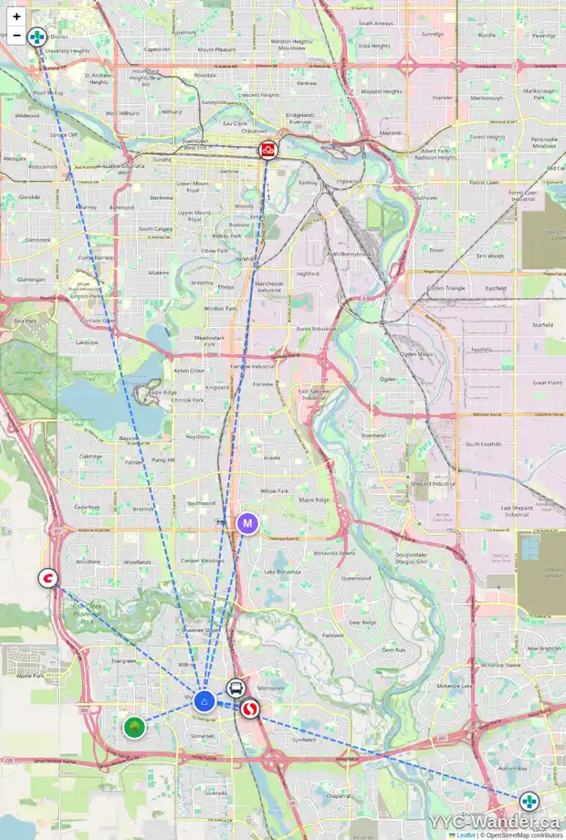Daily accessibility map for 96 SHAWINIGAN WY SW, Calgary showing nearby schools, grocery stores, parks, LRT stations and nearby amenities