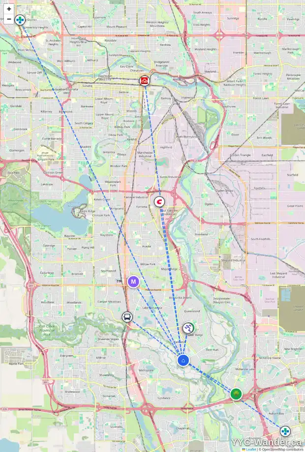 Daily accessibility map for 708 PARKVALLEY RD SE, Calgary showing nearby schools, grocery stores, parks, LRT stations and nearby amenities