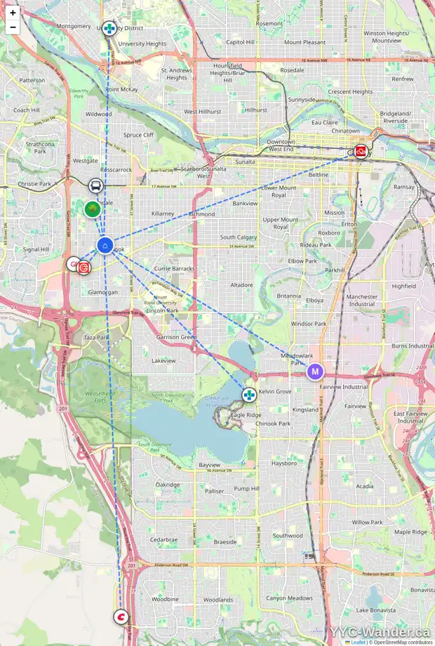 Daily accessibility map for 3323 44 ST SW, Calgary showing nearby schools, grocery stores, parks, LRT stations and nearby amenities