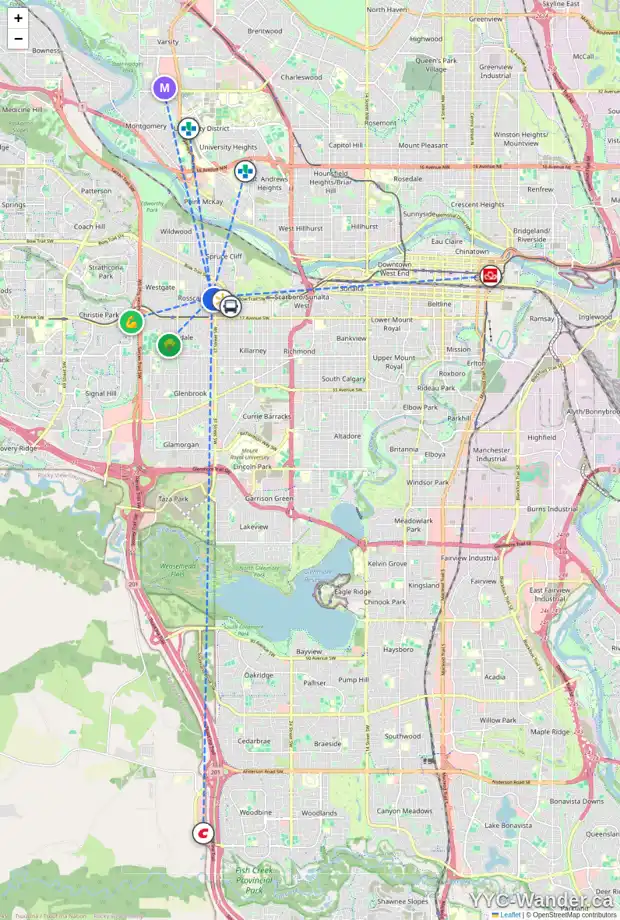 Daily accessibility map for 3816 13 AV SW, Calgary showing nearby schools, grocery stores, parks, LRT stations and nearby amenities