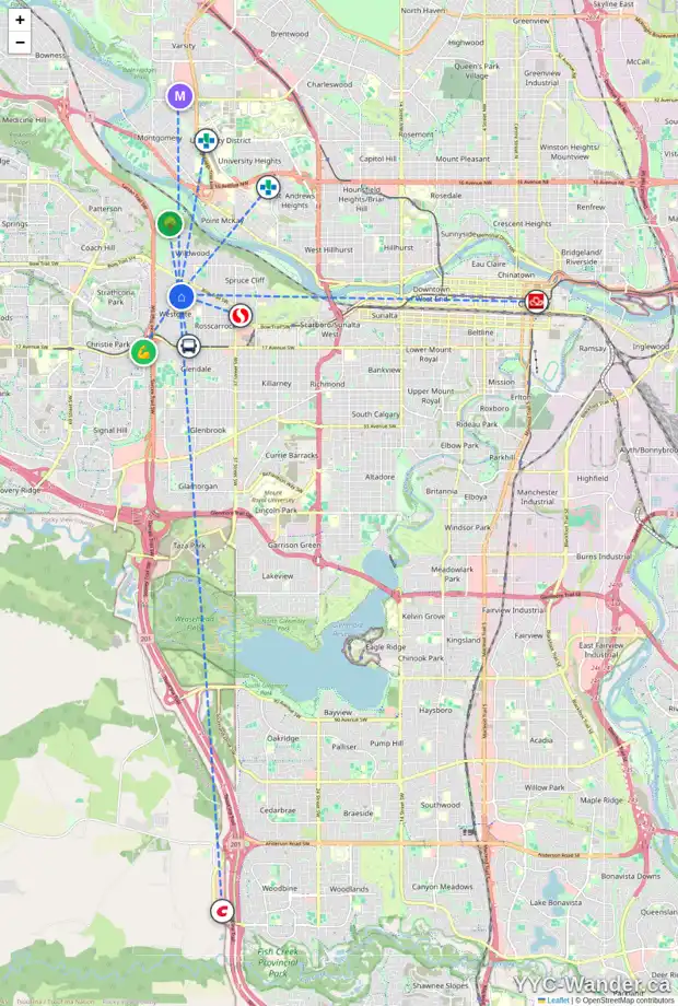 Daily accessibility map for 51 WESTOVER DR SW, Calgary showing nearby schools, grocery stores, parks, LRT stations and nearby amenities