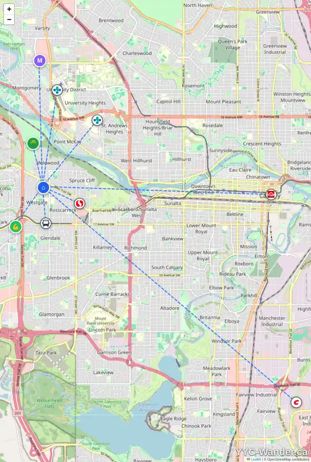 Daily accessibility map for 68 WESTVIEW DR SW, Calgary showing nearby schools, grocery stores, parks, LRT stations and nearby amenities