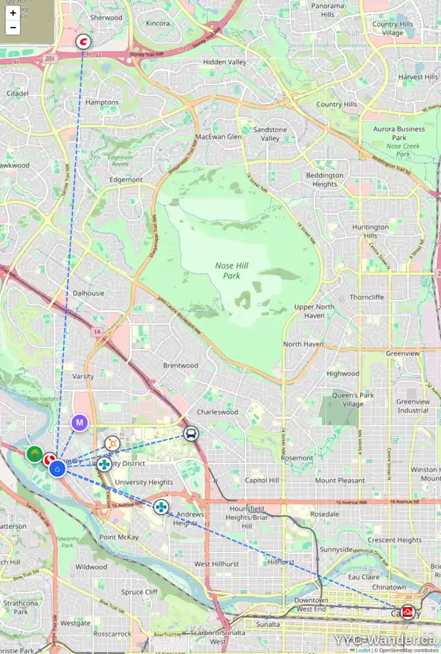 Daily accessibility map for 1720 HOME RD NW, Calgary showing nearby schools, grocery stores, parks, LRT stations and nearby amenities