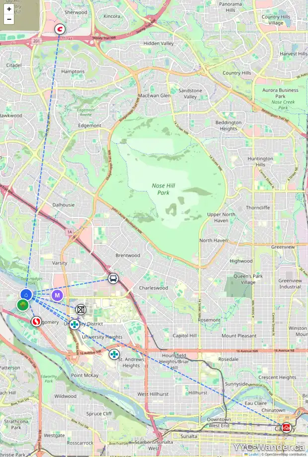 Daily accessibility map for 6008 33 AV NW, Calgary showing nearby schools, grocery stores, parks, LRT stations and nearby amenities