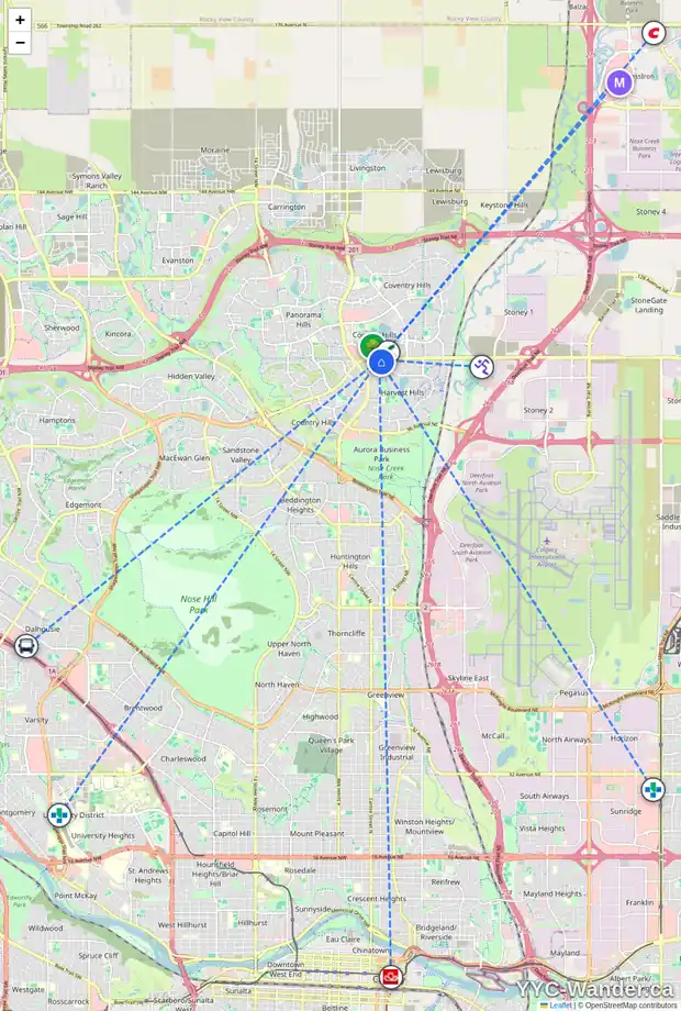 Daily accessibility map for 107 HARVEST OAK CR NE, Calgary showing nearby schools, grocery stores, parks, LRT stations and nearby amenities