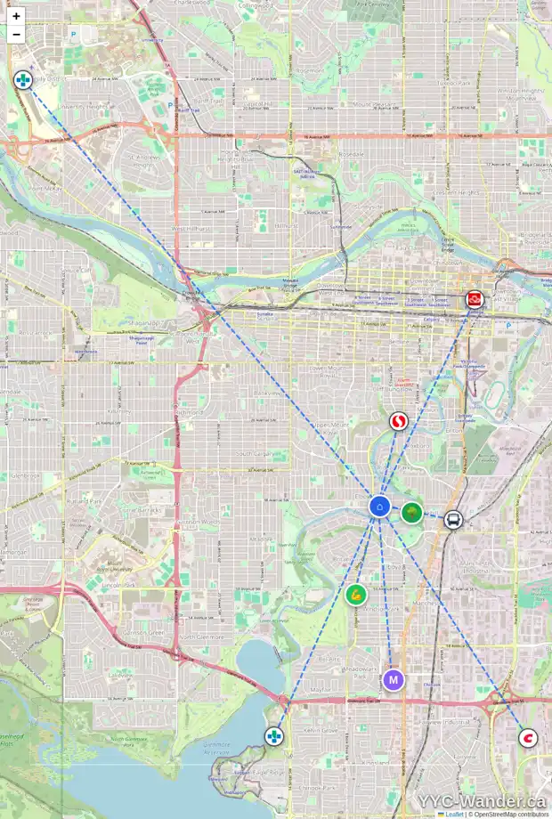 Daily accessibility map for 3915 5 ST SW, Calgary showing nearby schools, grocery stores, parks, LRT stations and nearby amenities
