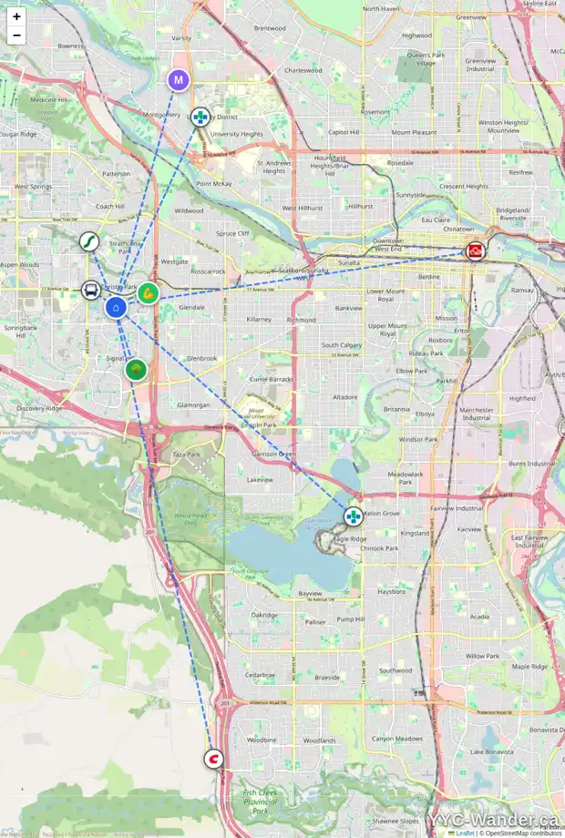 Daily accessibility map for 51 SIGNATURE HT SW, Calgary showing nearby schools, grocery stores, parks, LRT stations and nearby amenities