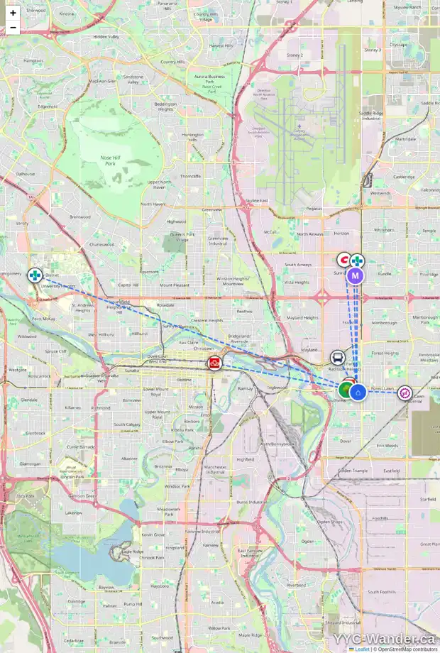 Daily accessibility map for 1806 34 ST SE, Calgary showing nearby schools, grocery stores, parks, LRT stations and nearby amenities