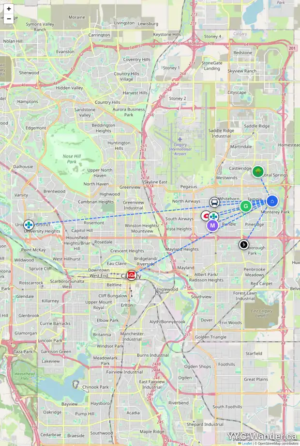 Daily accessibility map for 215 CARMEL CL NE, Calgary showing nearby schools, grocery stores, parks, LRT stations and nearby amenities