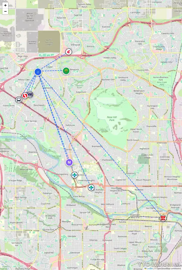 Daily accessibility map for 143 ARBOUR RIDGE CL NW, Calgary showing nearby schools, grocery stores, parks, LRT stations and nearby amenities