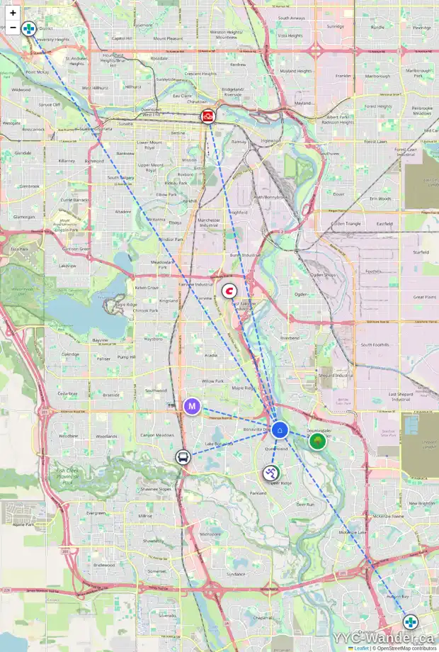 Daily accessibility map for 218 DIAMOND CO SE, Calgary showing nearby schools, grocery stores, parks, LRT stations and nearby amenities