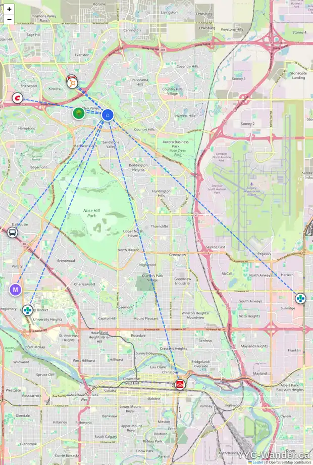 Daily accessibility map for 19 HIDDEN VALLEY PA NW, Calgary showing nearby schools, grocery stores, parks, LRT stations and nearby amenities