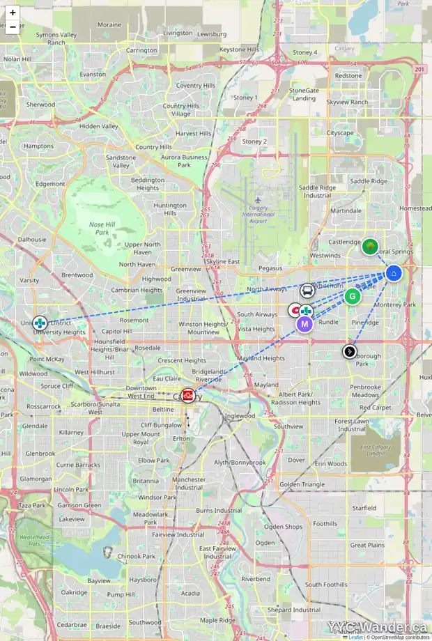 Daily accessibility map for 57 SAN DIEGO WY NE, Calgary showing nearby schools, grocery stores, parks, LRT stations and nearby amenities