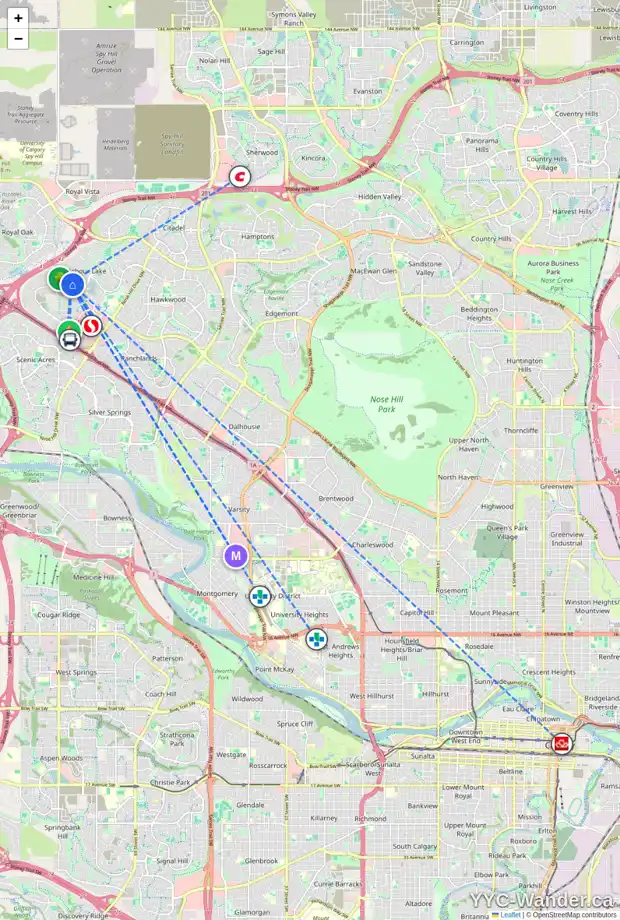Daily accessibility map for 142 ARBOUR CREST CI NW, Calgary showing nearby schools, grocery stores, parks, LRT stations and nearby amenities