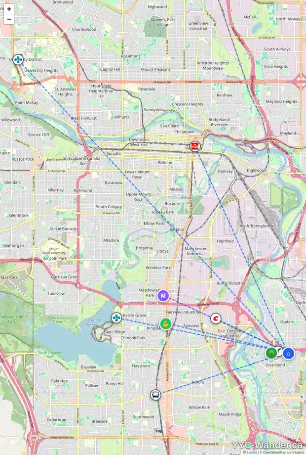 Daily accessibility map for 133 RIVERCREST CI SE, Calgary showing nearby schools, grocery stores, parks, LRT stations and nearby amenities