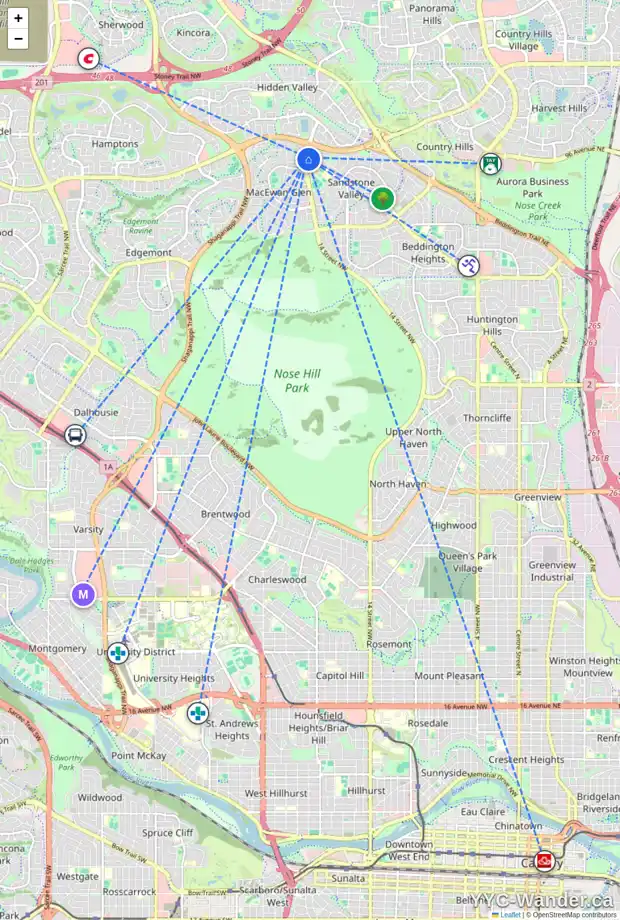 Daily accessibility map for 116 388 SANDARAC DR NW, Calgary showing nearby schools, grocery stores, parks, LRT stations and nearby amenities