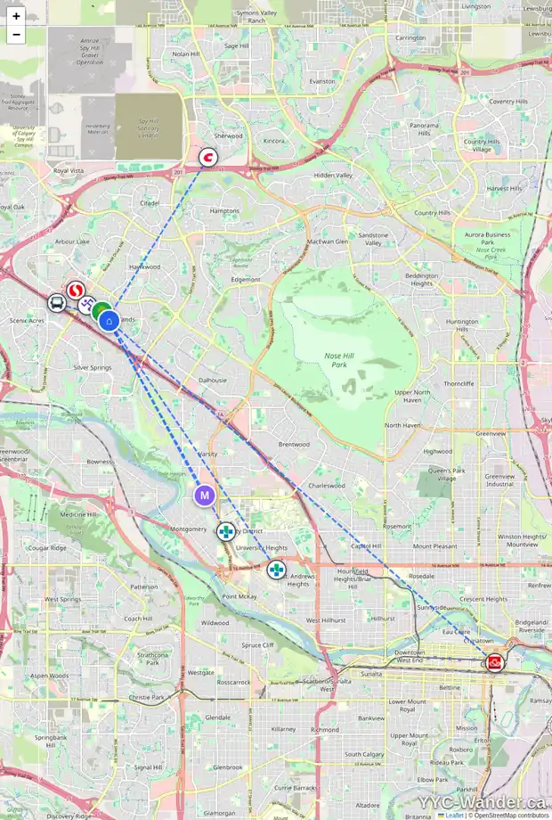 Daily accessibility map for 84 RANCHERO RI NW, Calgary showing nearby schools, grocery stores, parks, LRT stations and nearby amenities
