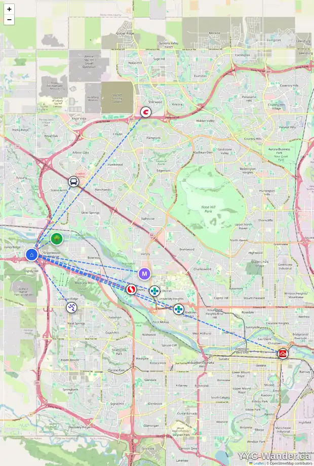 Daily accessibility map for 279 VALLEY BROOK CI NW, Calgary showing nearby schools, grocery stores, parks, LRT stations and nearby amenities