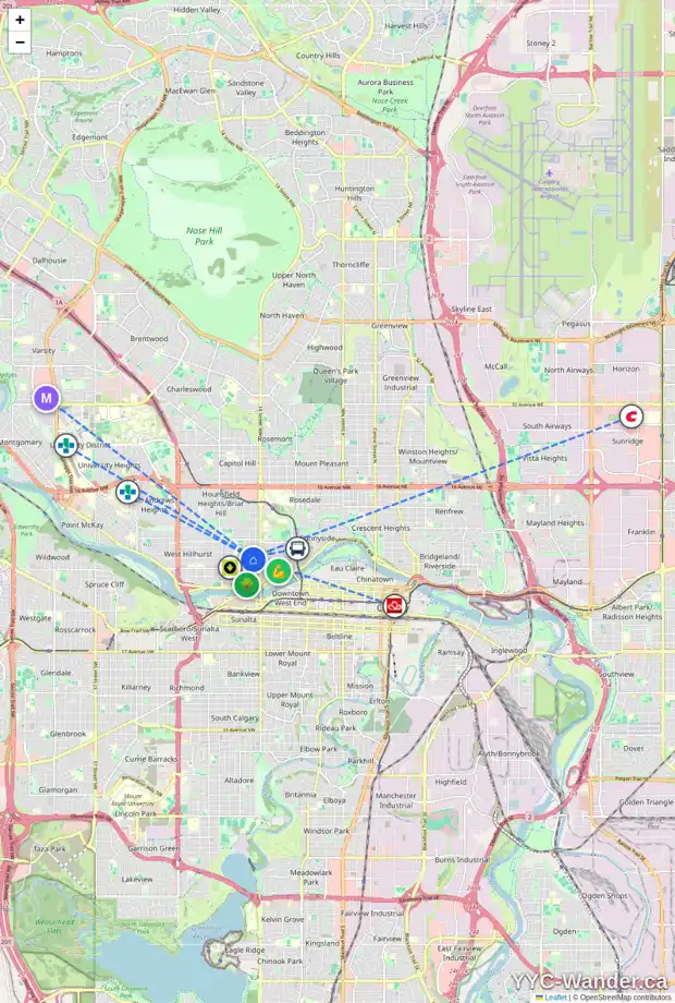 Daily accessibility map for 1697 2 AV NW, Calgary showing nearby schools, grocery stores, parks, LRT stations and nearby amenities