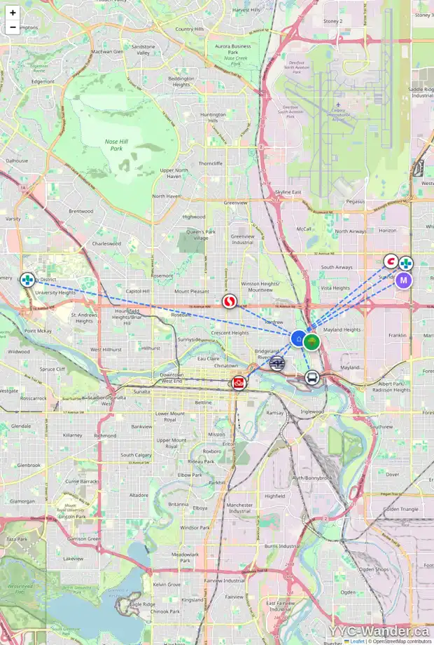 Daily accessibility map for 1323 8 AV NE, Calgary showing nearby schools, grocery stores, parks, LRT stations and nearby amenities