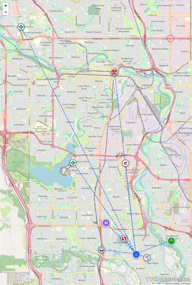 Daily accessibility map for 40 LAKE CRIMSON CL SE, Calgary showing nearby schools, grocery stores, parks, LRT stations and nearby amenities