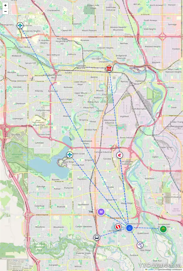 Daily accessibility map for 1048 LAKE CHRISTINA WY SE, Calgary showing nearby schools, grocery stores, parks, LRT stations and nearby amenities