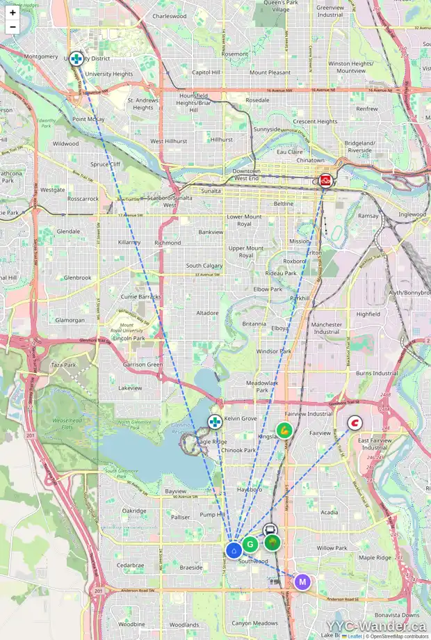 Daily accessibility map for 1307 104 AV SW, Calgary showing nearby schools, grocery stores, parks, LRT stations and nearby amenities