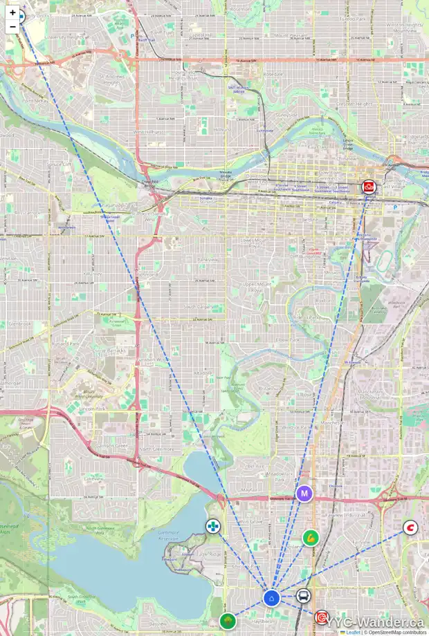 Daily accessibility map for 8604 ELBOW DR SW, Calgary showing nearby schools, grocery stores, parks, LRT stations and nearby amenities