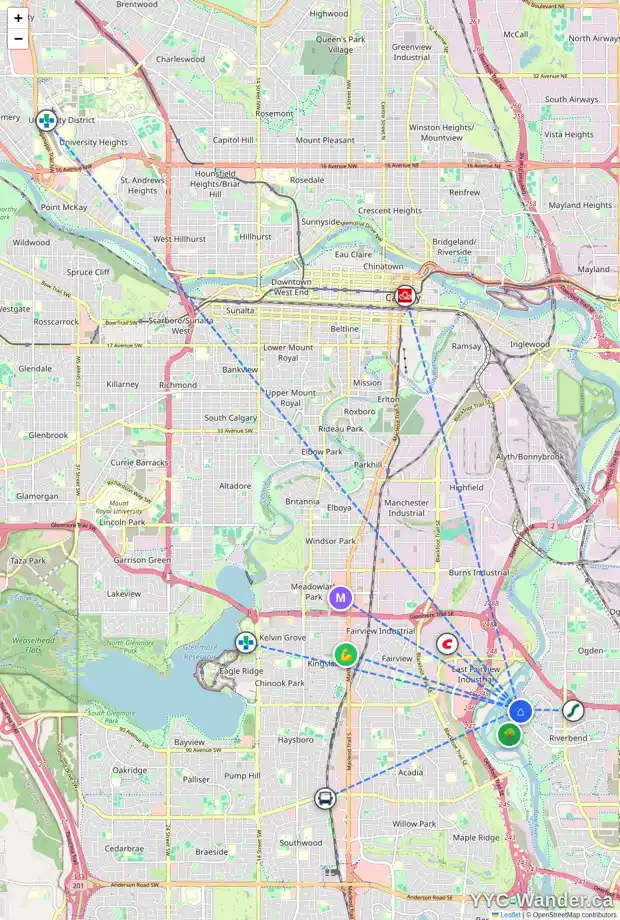 Daily accessibility map for 26 RIVERSIDE CI SE, Calgary showing nearby schools, grocery stores, parks, LRT stations and nearby amenities