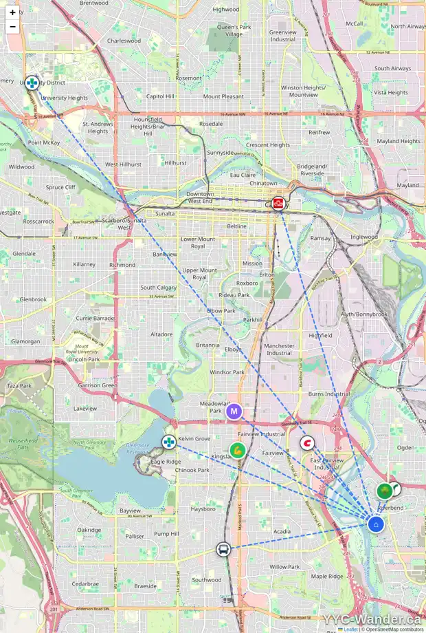Daily accessibility map for 227 RIVERVIEW PA SE, Calgary showing nearby schools, grocery stores, parks, LRT stations and nearby amenities