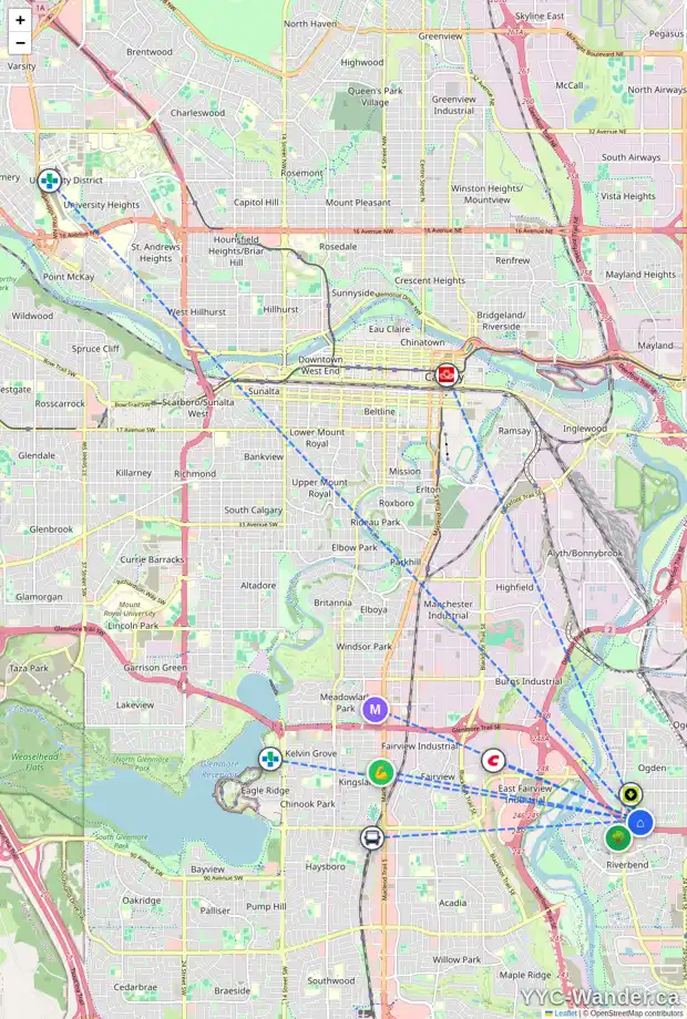 Daily accessibility map for 1007 OLYMPIA CR SE, Calgary showing nearby schools, grocery stores, parks, LRT stations and nearby amenities