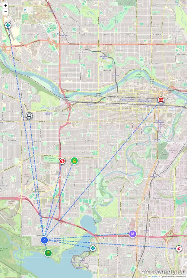 Daily accessibility map for 6924 LEASIDE DR SW, Calgary showing nearby schools, grocery stores, parks, LRT stations and nearby amenities