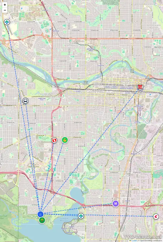 Daily accessibility map for 3001 LINDEN DR SW, Calgary showing nearby schools, grocery stores, parks, LRT stations and nearby amenities