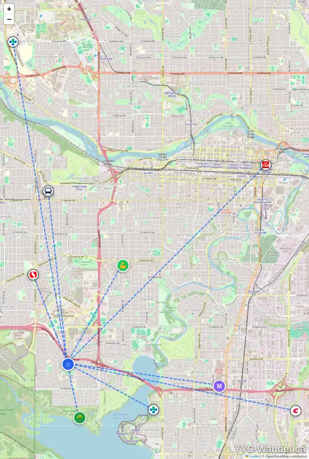 Daily accessibility map for 3138 LEDUC CR SW, Calgary showing nearby schools, grocery stores, parks, LRT stations and nearby amenities