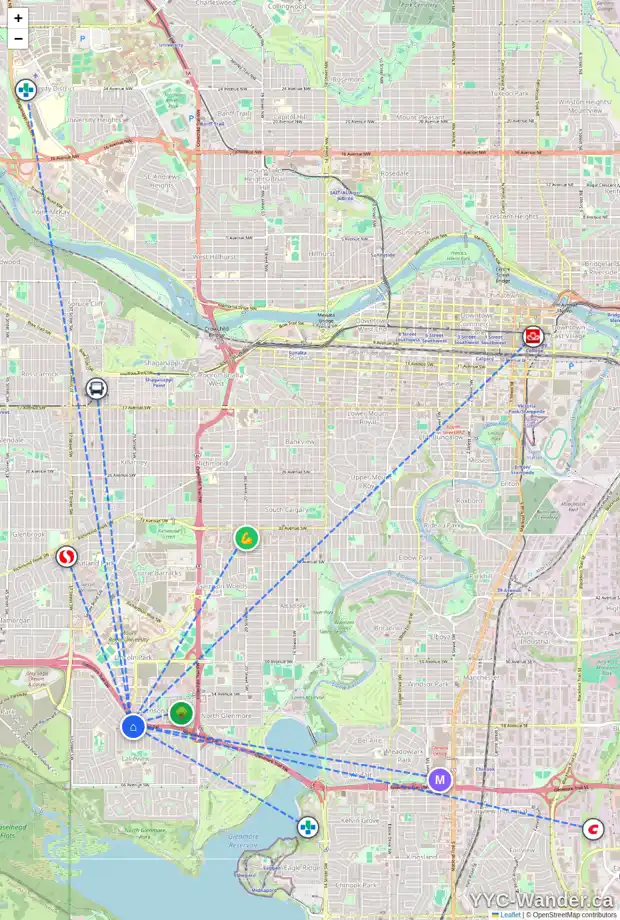 Daily accessibility map for 6123 LOCKINVAR RD SW, Calgary showing nearby schools, grocery stores, parks, LRT stations and nearby amenities