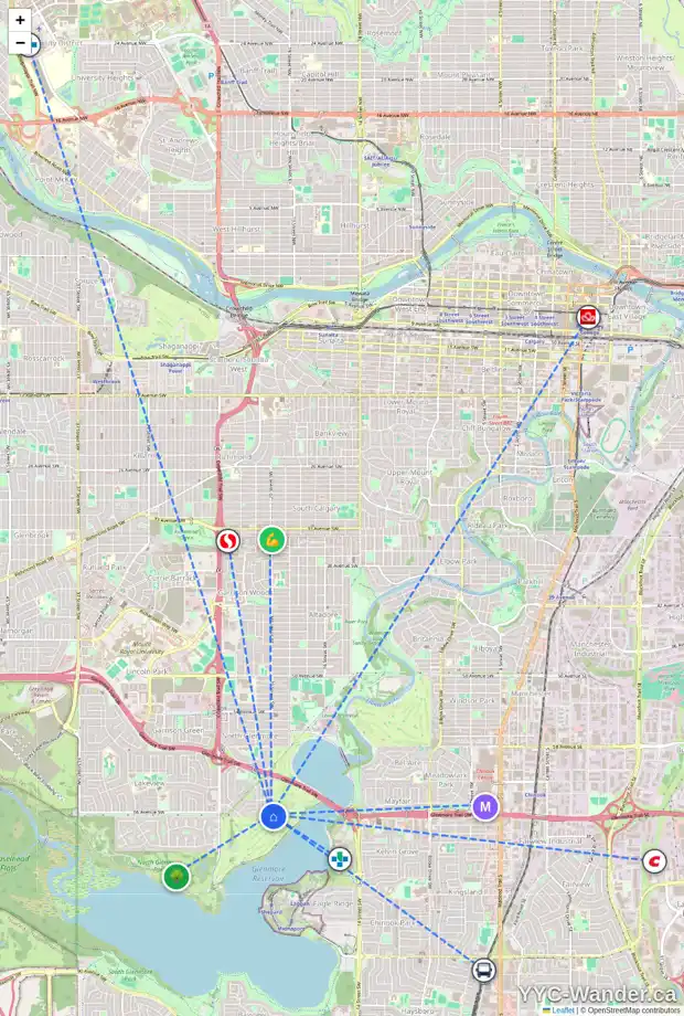 Daily accessibility map for 6539 LAURENTIAN WY SW, Calgary showing nearby schools, grocery stores, parks, LRT stations and nearby amenities