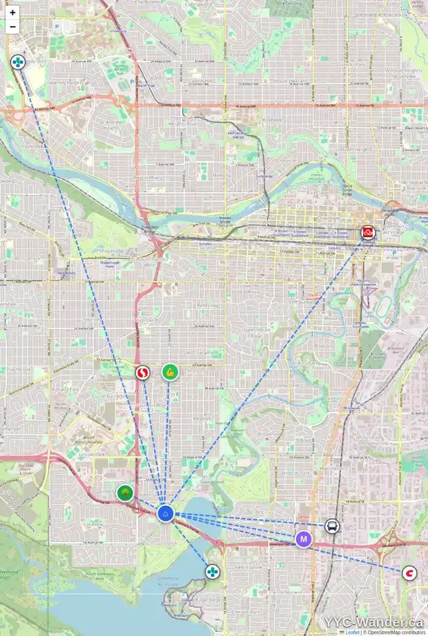 Daily accessibility map for 2203 LINCOLN DR SW, Calgary showing nearby schools, grocery stores, parks, LRT stations and nearby amenities