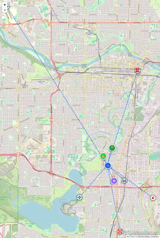Daily accessibility map for 635 55 AV SW, Calgary showing nearby schools, grocery stores, parks, LRT stations and nearby amenities