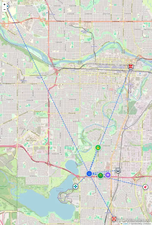 Daily accessibility map for 7 MEDFORD PL SW, Calgary showing nearby schools, grocery stores, parks, LRT stations and nearby amenities