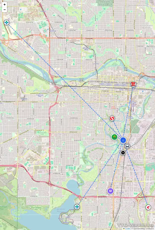Daily accessibility map for 3837 PARKHILL ST SW, Calgary showing nearby schools, grocery stores, parks, LRT stations and nearby amenities