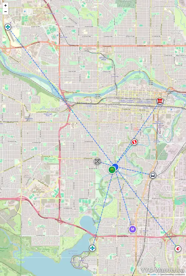 Daily accessibility map for 3822 8A ST SW, Calgary showing nearby schools, grocery stores, parks, LRT stations and nearby amenities
