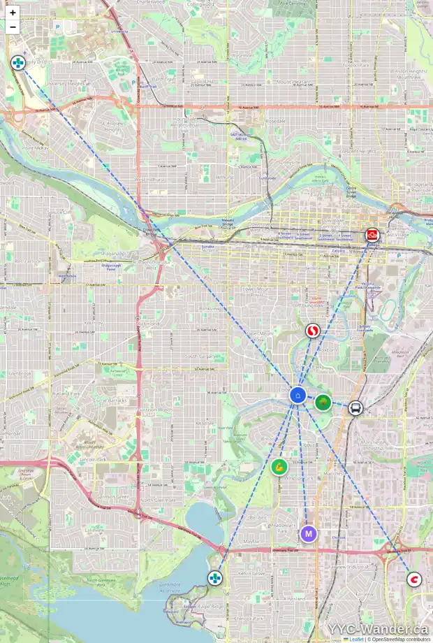 Daily accessibility map for 3901 5 ST SW, Calgary showing nearby schools, grocery stores, parks, LRT stations and nearby amenities