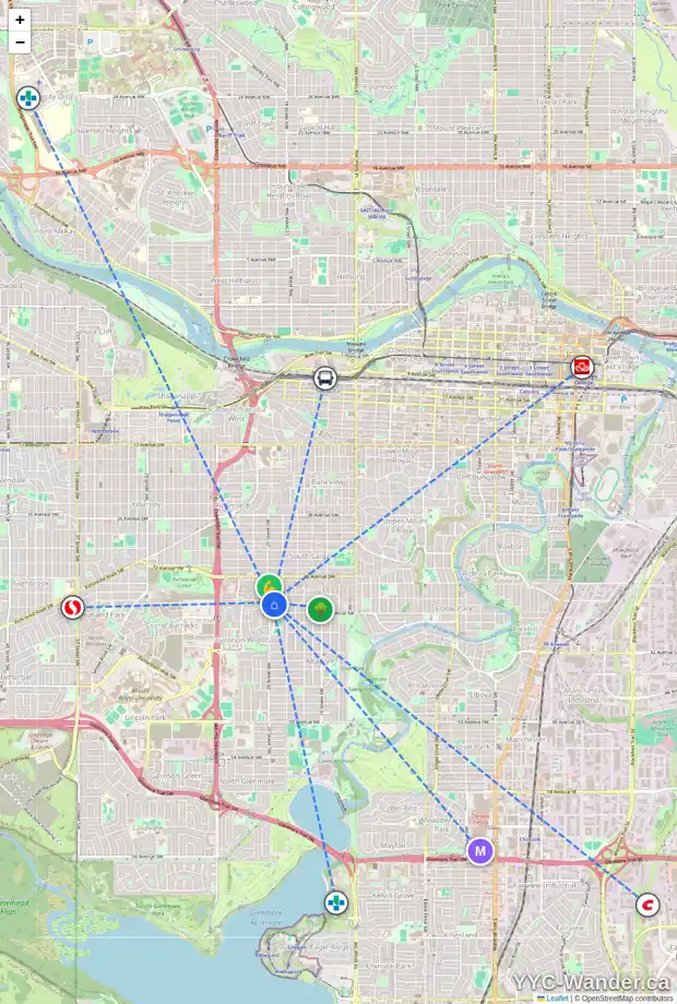 Daily accessibility map for 2041 36 AV SW, Calgary showing nearby schools, grocery stores, parks, LRT stations and nearby amenities