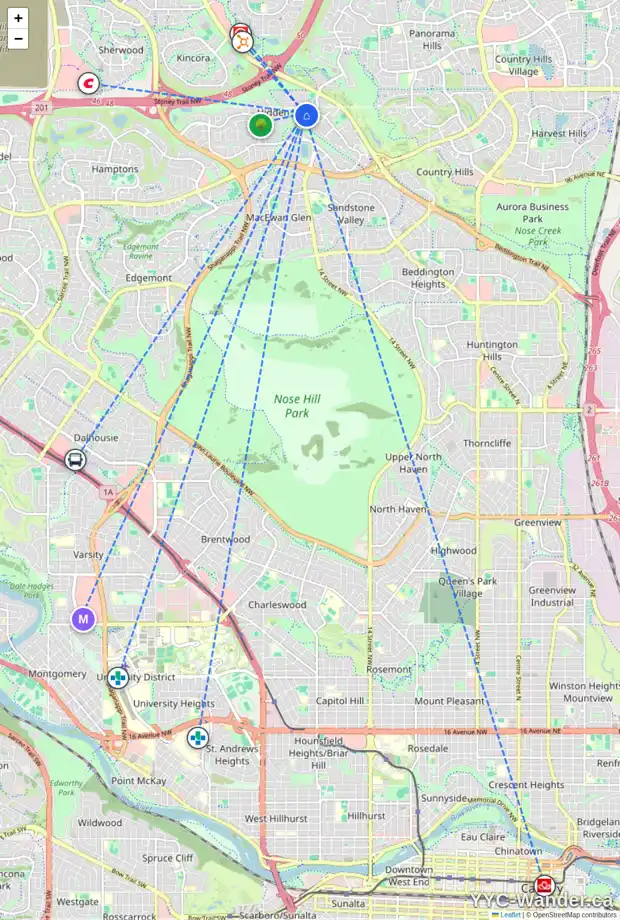 Daily accessibility map for 12 HIDDEN SPRING CL NW, Calgary showing nearby schools, grocery stores, parks, LRT stations and nearby amenities